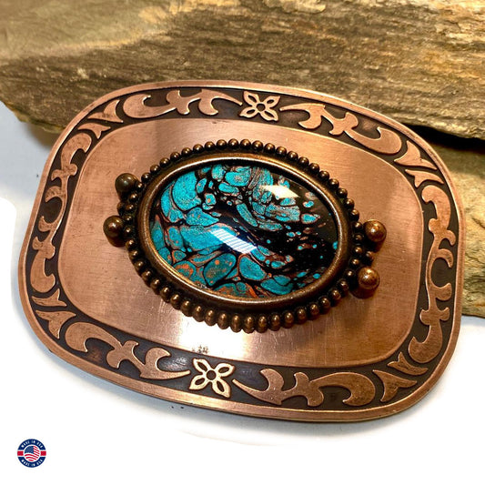 Turquoise and copper hand painted stone in rare copper buckle
