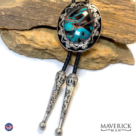 Silver and black filigree bolo tie and buckle set with hand painted stones