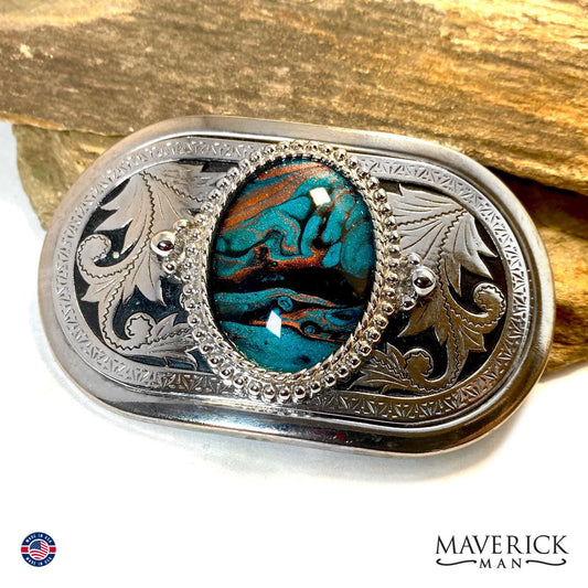 Turquoise and copper hand painted stone in filigree buckle