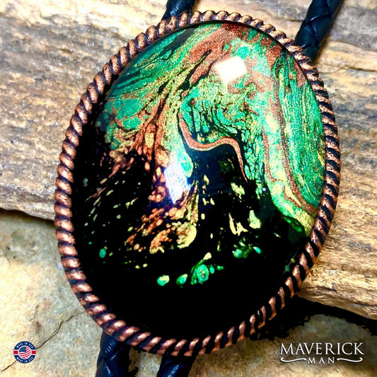 Copper bolo tie and (rare) buckle set with hand painted stones