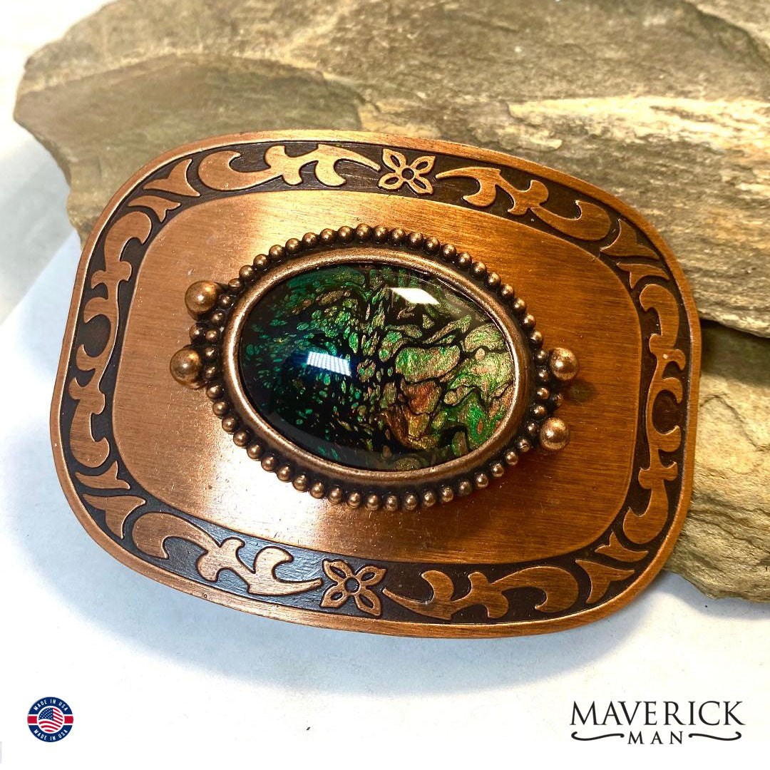 Copper bolo tie and (rare) buckle set with hand painted stones