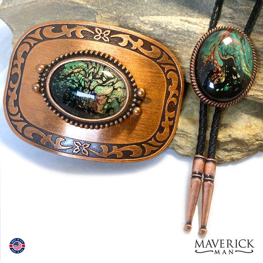 Copper bolo tie and (rare) buckle set with hand painted stones