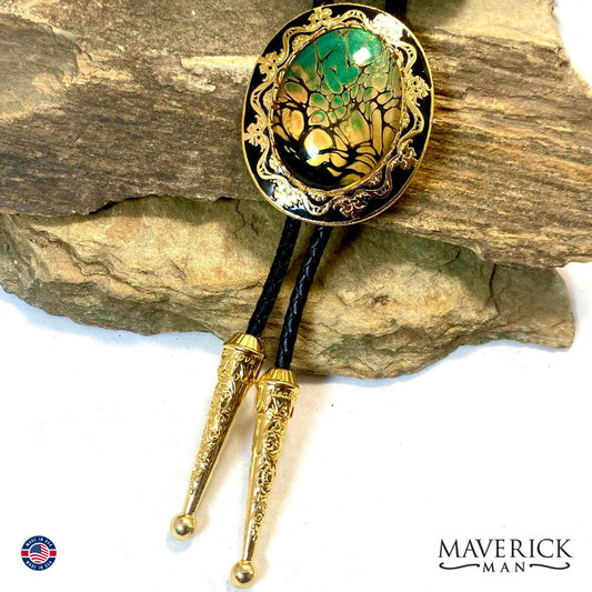 Gold and black filigree bolo tie with hand painted stone
