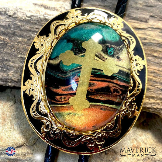 Golden Horseshoe bolo with embedded gold foil cross