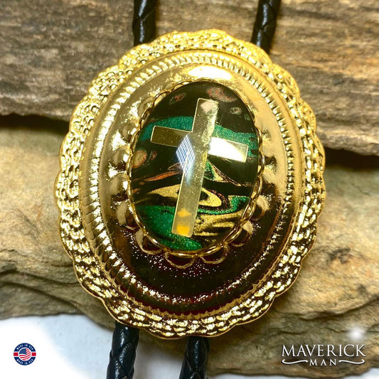 Golden concho bolo with embedded gold foil cross