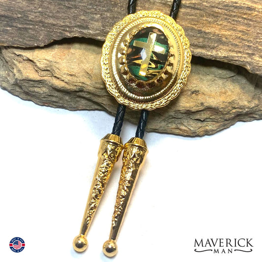 Golden concho bolo with embedded gold foil cross