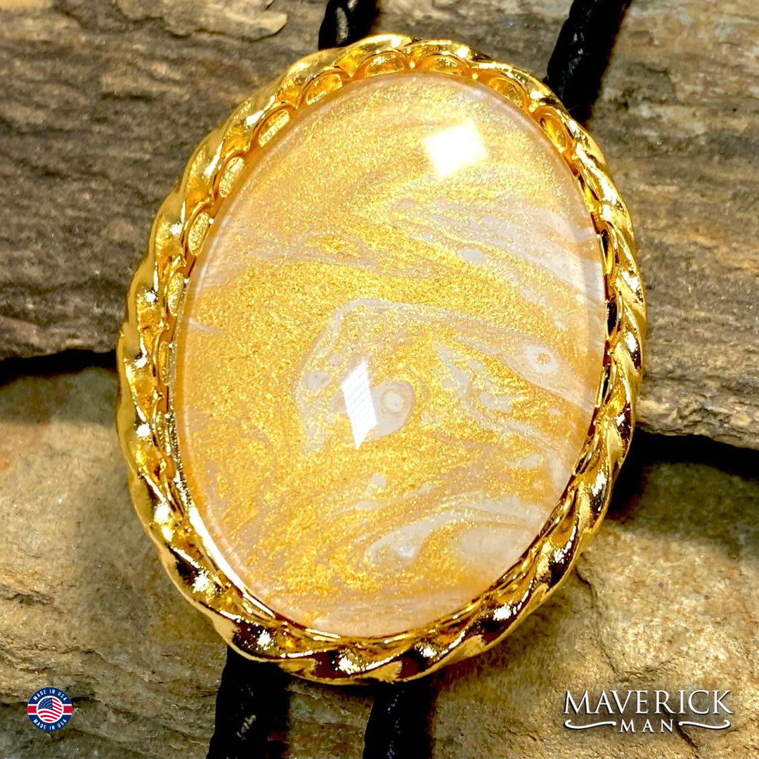 Large golden twist bolo with hand painted stone