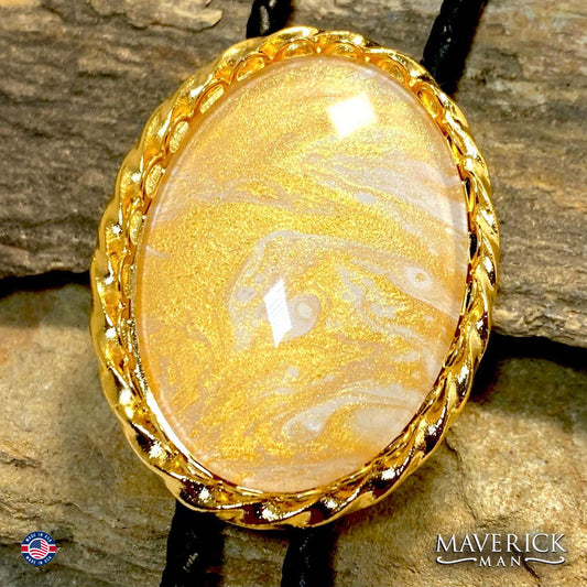 Large golden twist bolo with hand painted stone