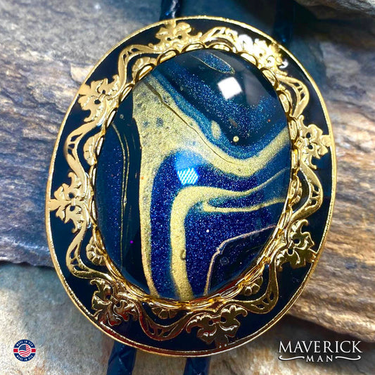 Golden filigree Bolo tie with hand painted stone from our OWL collection
