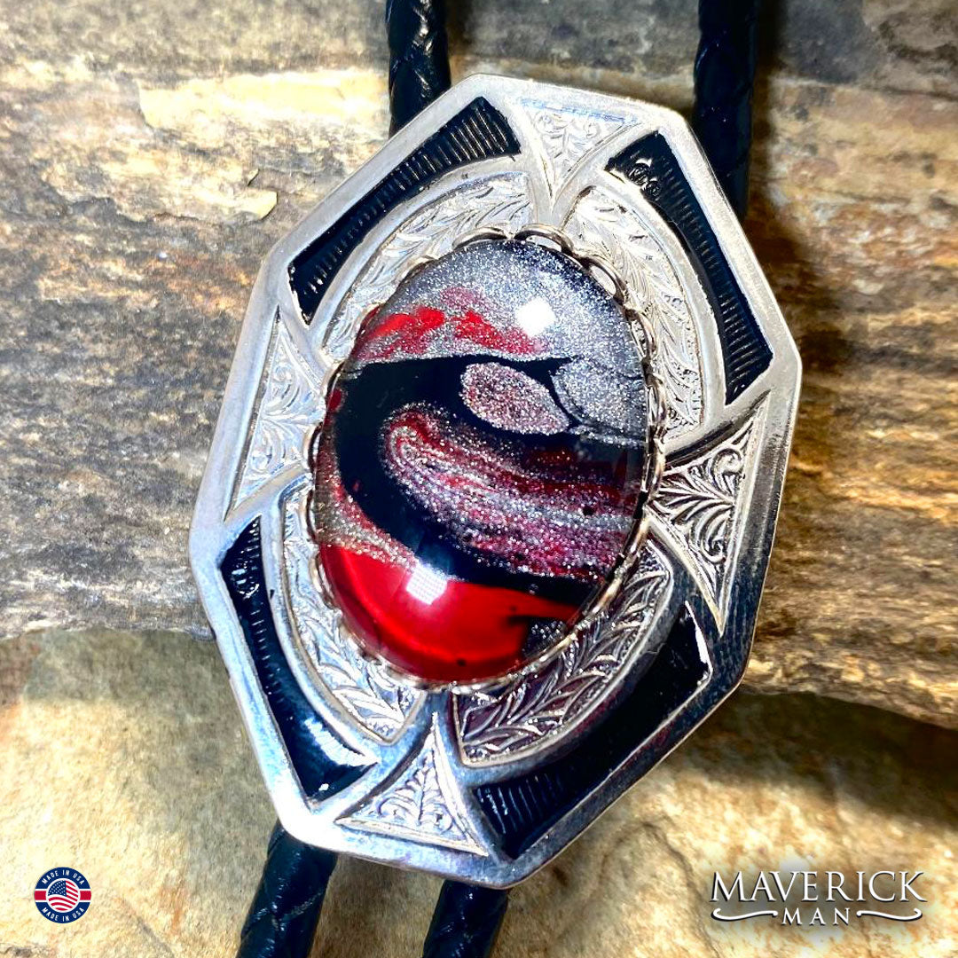 Handsome hand painted stone in a dressy geometric bolo tie