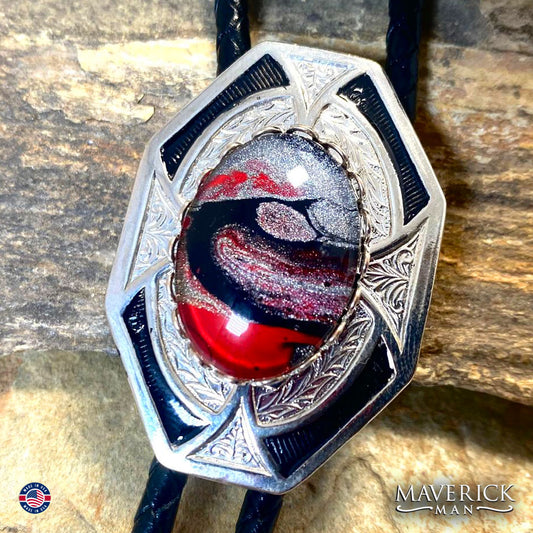 Handsome hand painted stone in a dressy geometric bolo tie