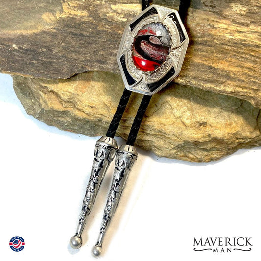 Handsome hand painted stone in a dressy geometric bolo tie