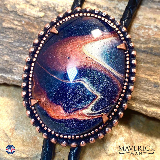 Beaded copper bolo tie with hand painted stone from our OWL collection