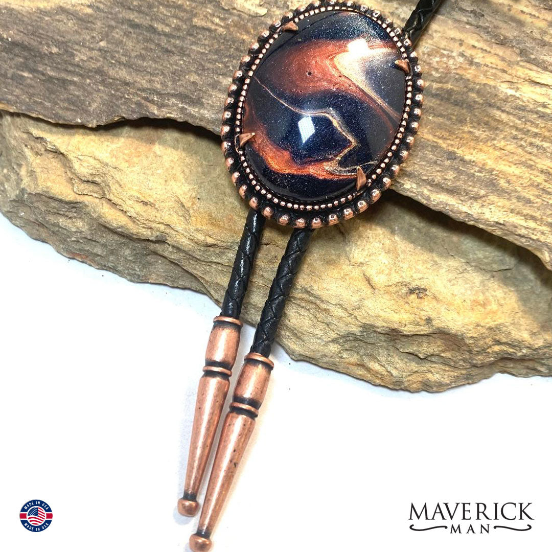 Beaded copper bolo tie with hand painted stone from our OWL collection