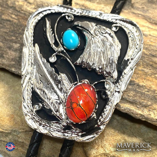 Silver eagle bolo tie with turquoise and coral stones