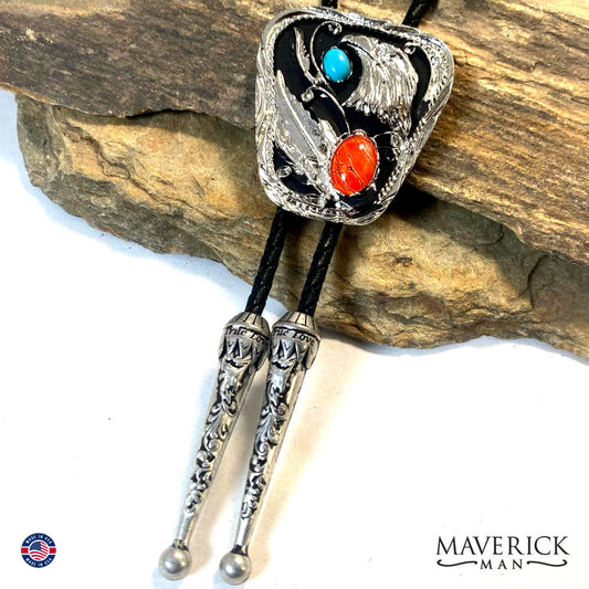 Silver eagle bolo tie with turquoise and coral stones