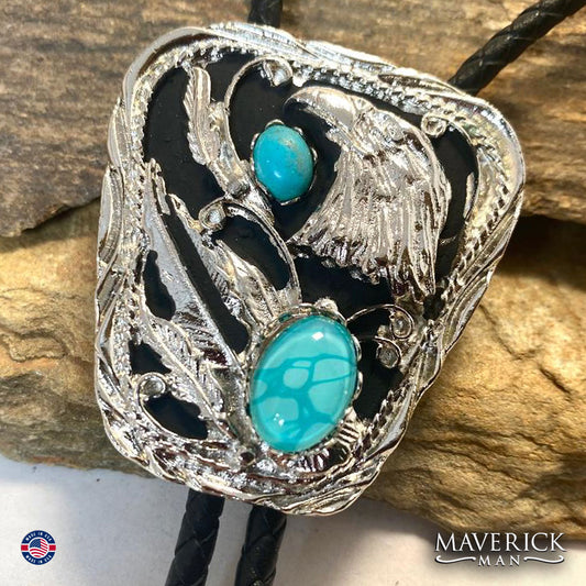 Silver eagle bolo tie with hand painted turquoise stone