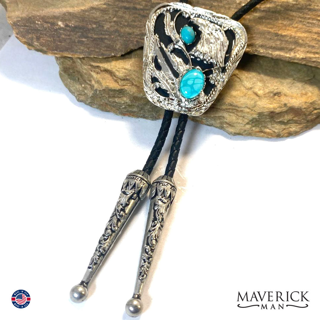 Silver eagle bolo tie with hand painted turquoise stone