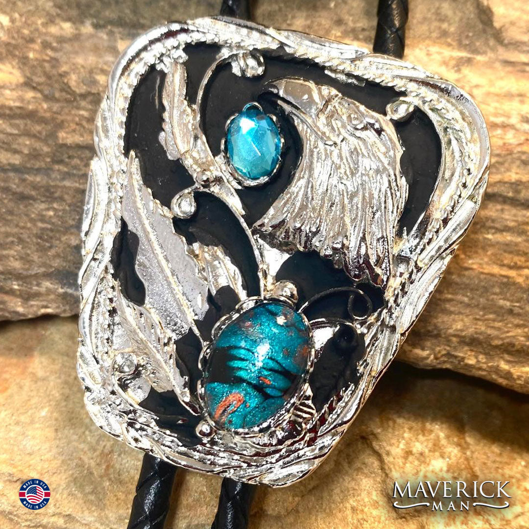 Silver eagle bolo tie with hand painted turquoise and copper stone