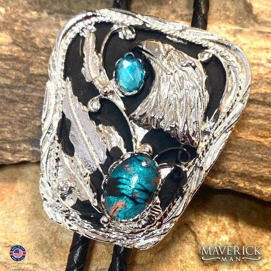 Silver eagle bolo tie with hand painted turquoise and copper stone