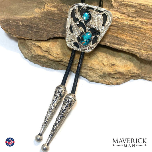 Silver eagle bolo tie with hand painted turquoise and copper stone