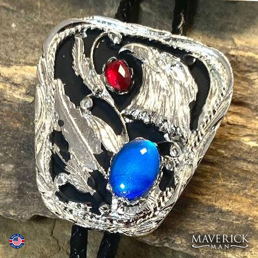 Silver eagle bolo tie with red and blue stones