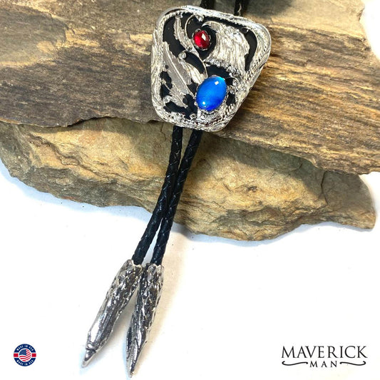 Silver eagle bolo tie with red and blue stones