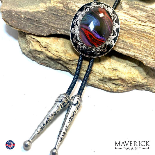 Unusual multi-colored hand painted stone in filigree bolo