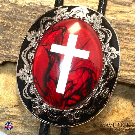 Christian bolo tie with hand painted stone in red and black