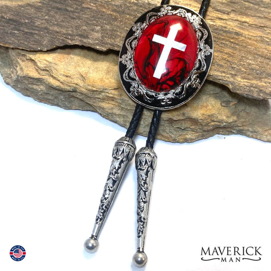 Christian bolo tie with hand painted stone in red and black