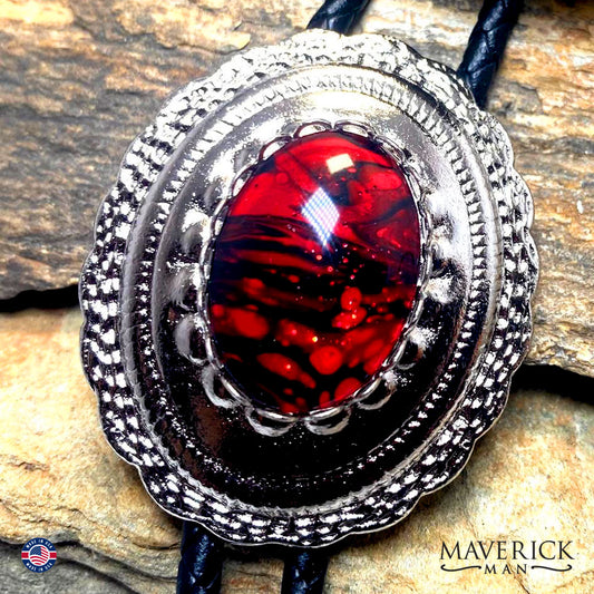 Concho bolo tie with hand painted stone in red and black