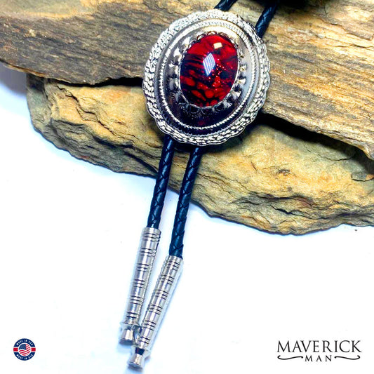 Concho bolo tie with hand painted stone in red and black
