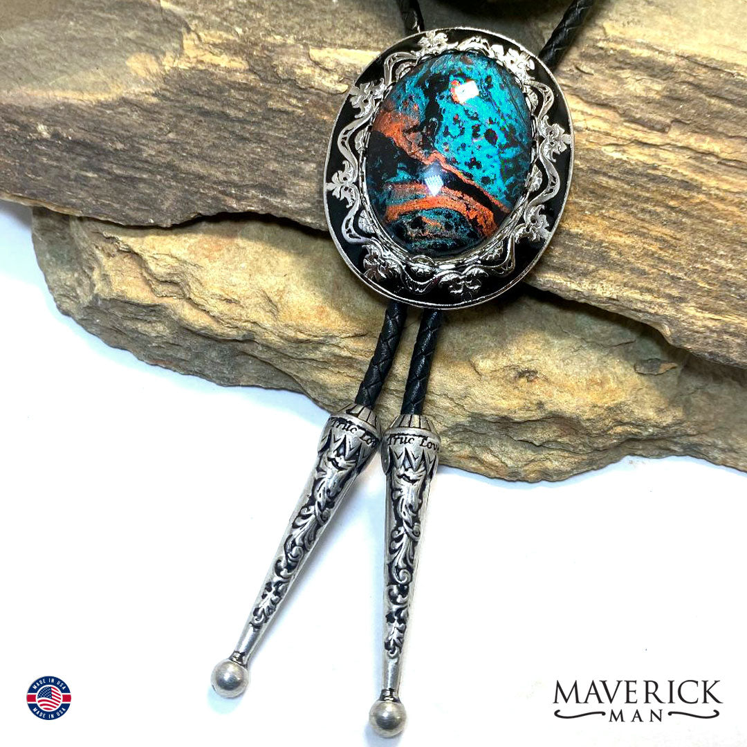 Turquoise and copper hand painted stone in filigree bolo tie