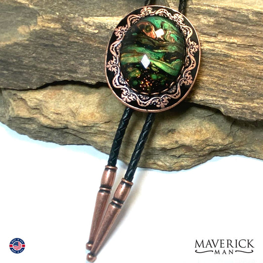 Black and copper filigree bolo tie with hand painted stone