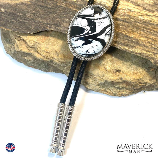 Black and white hand painted stone in silver beaded bolo tie