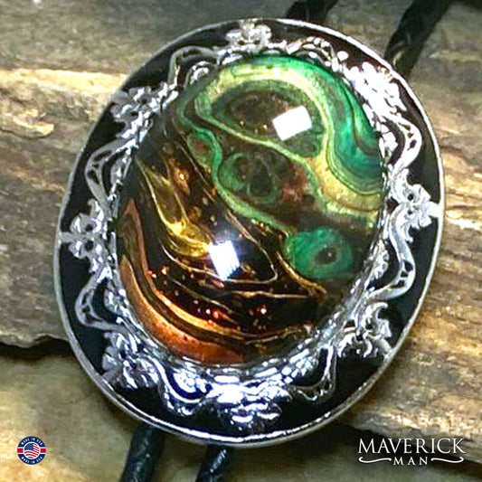 Black and silver filigree bolo tie with hand painted stone