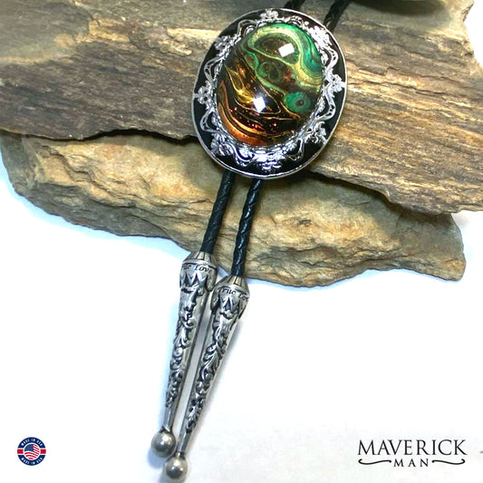 Black and silver filigree bolo tie with hand painted stone