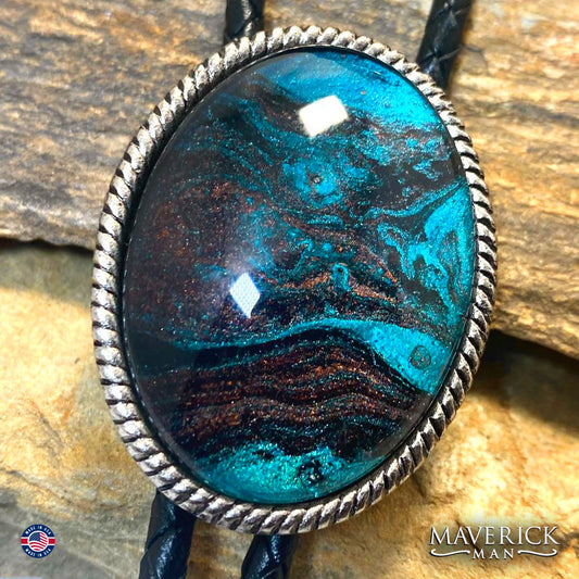 Braided silver bolo tie with hand painted stone