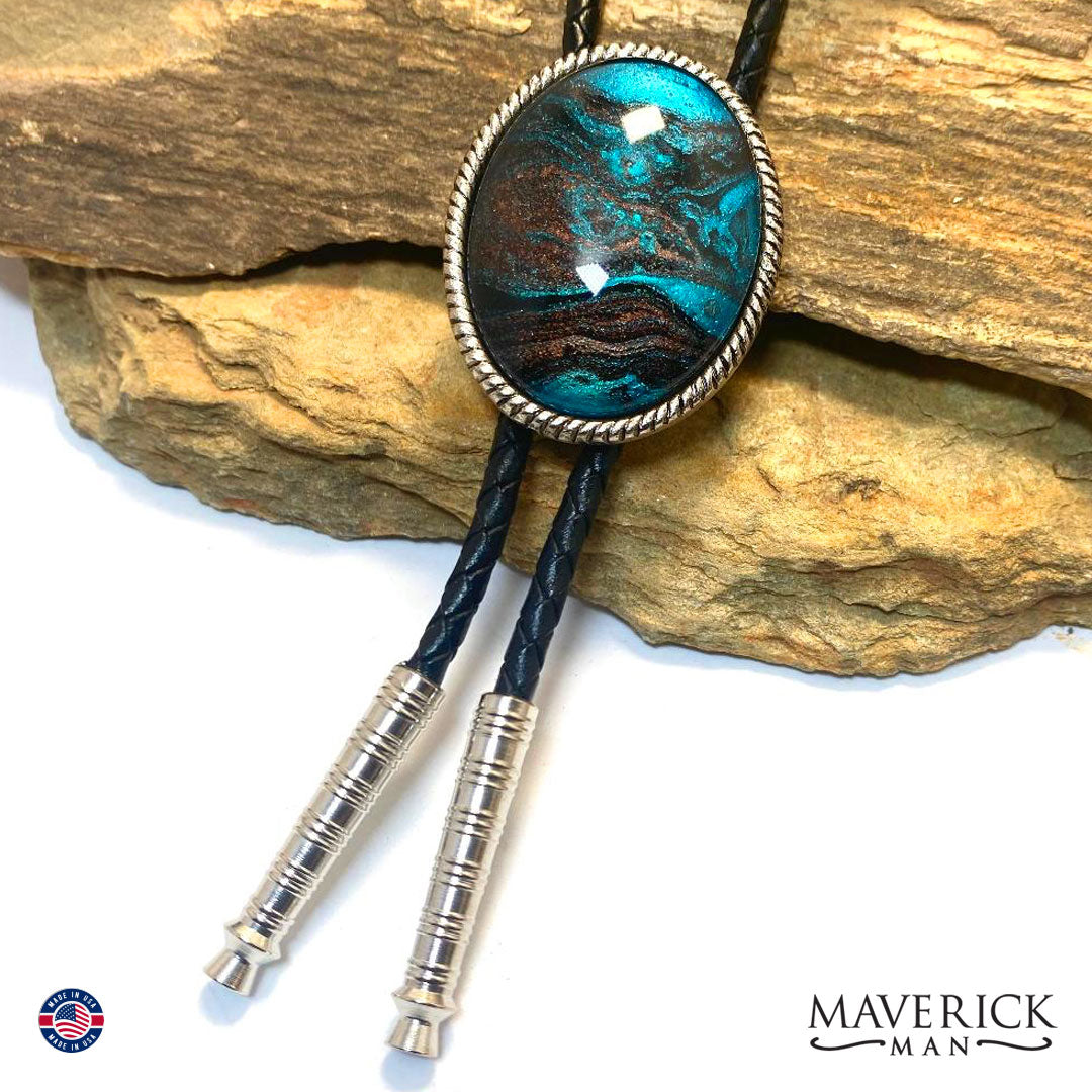 Braided silver bolo tie with hand painted stone