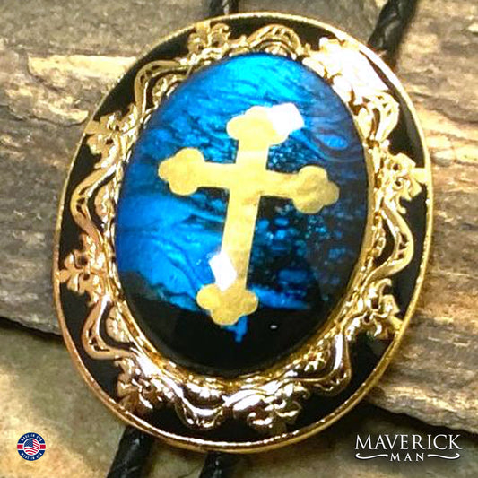 Black and blue Christian bolo tie in gold and black filigree