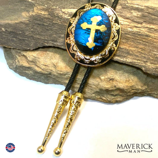 Black and blue Christian bolo tie in gold and black filigree