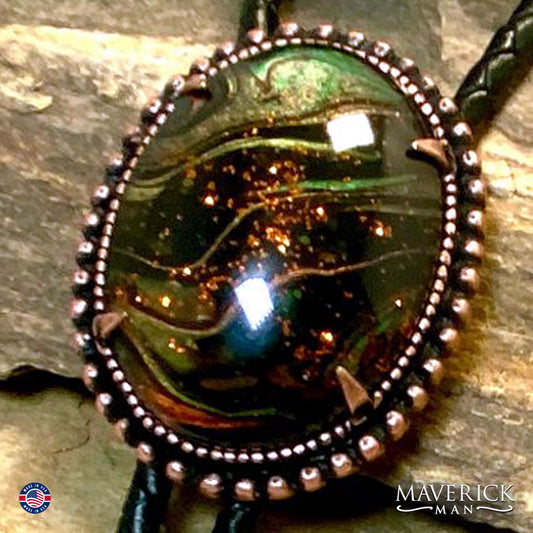 Beaded copper bolo tie with hand painted stone