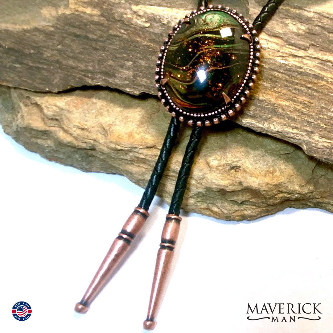 Beaded copper bolo tie with hand painted stone