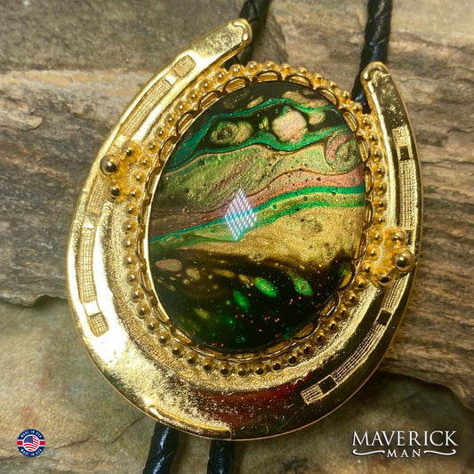 Golden Horseshoe bolo tie with hand painted stone