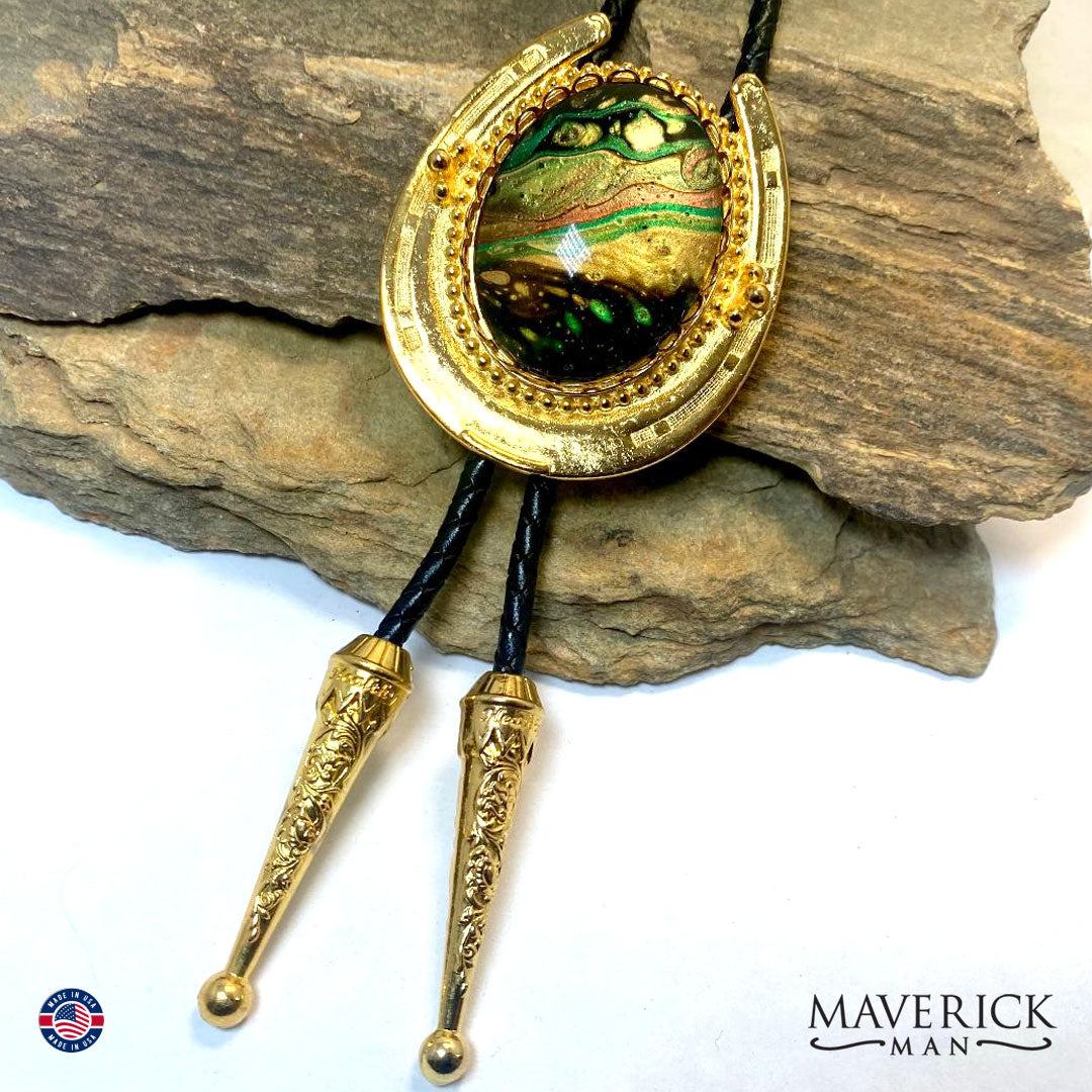 Golden Horseshoe bolo tie with hand painted stone