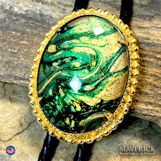 Beaded gold bolo tie with hand painted stone