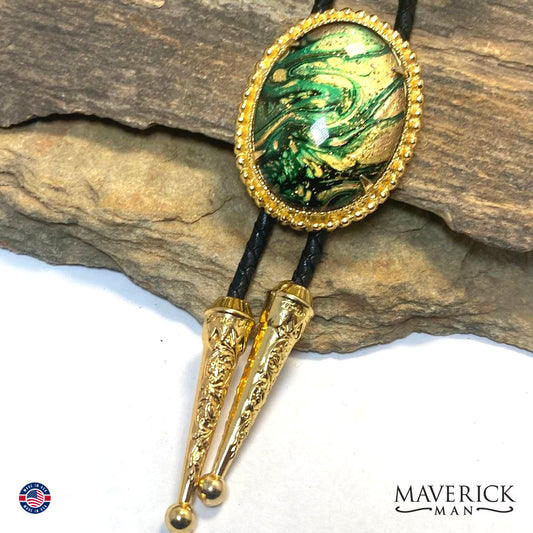 Beaded gold bolo tie with hand painted stone