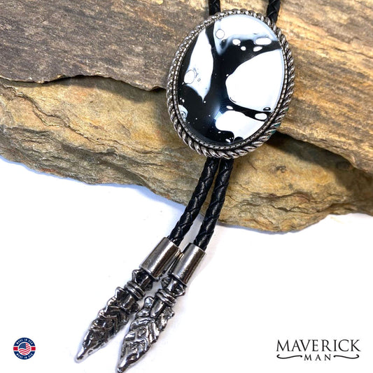 Black and white hand painted stone in braided silver bolo tie