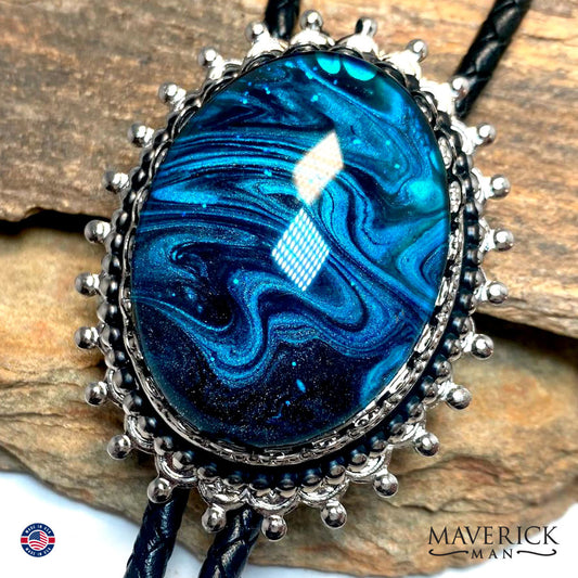 Black and blue bolo tie in silver