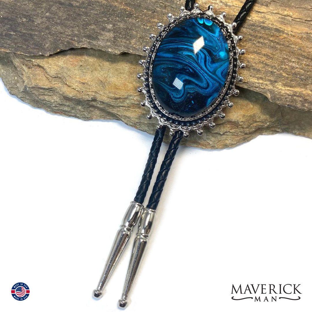 Black and blue bolo tie in silver